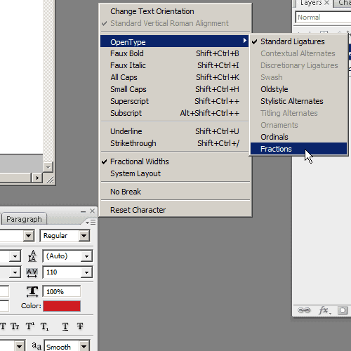 select Fractions in the Character panel options menu