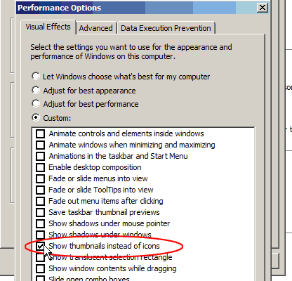Performance Options dialog Windows 7