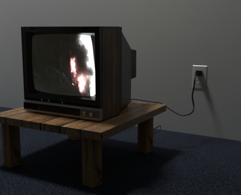 Blender 3D model of 1980's television on wood table playing video of building on fire