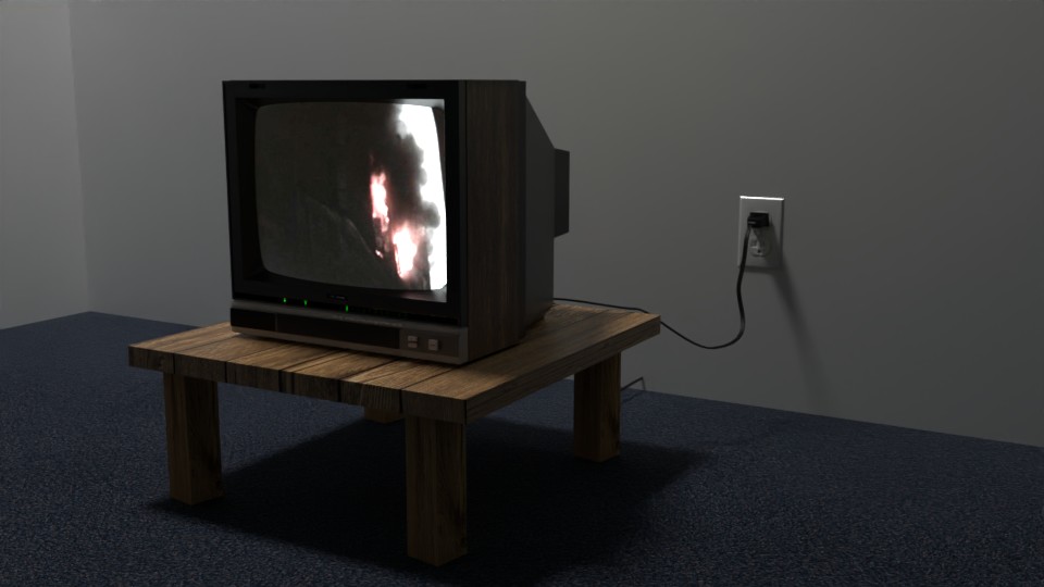 Blender 3D model of 1980's television on wood table playing video of building on fire