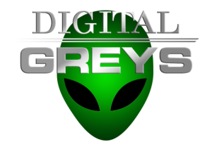 Digital Greys - logo - Alien Grey face in green with Digital Greys on top